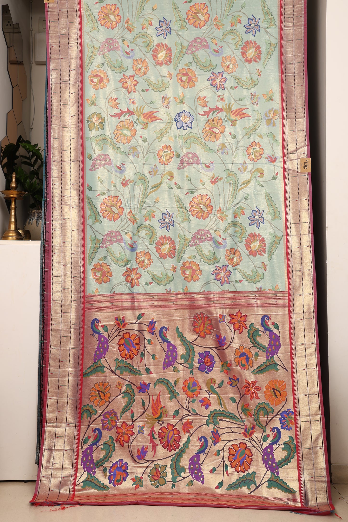 Aqua Green Floral Brocade Paithani