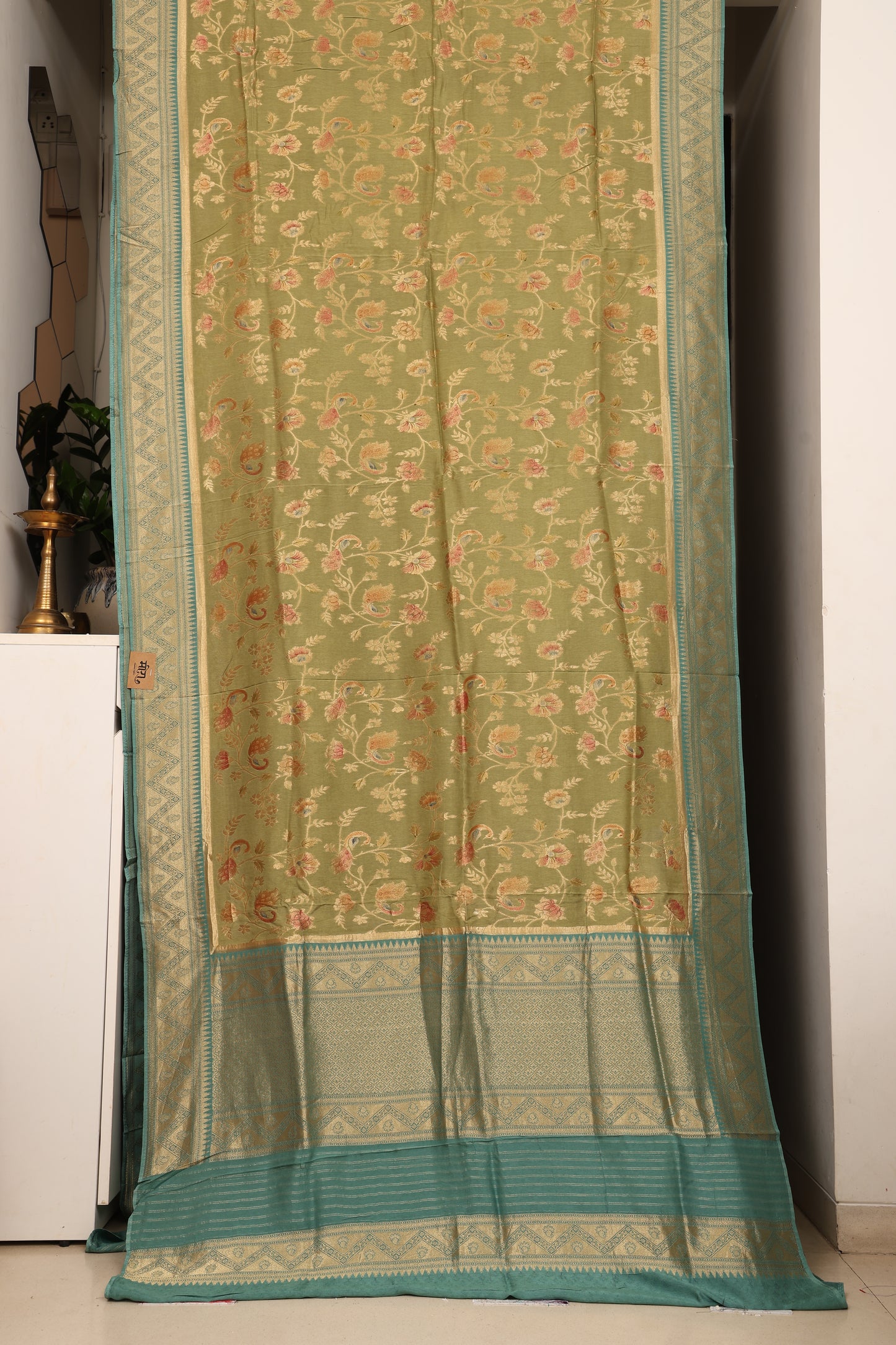 Olive Green and Teal  Peacock Brocade Paithani