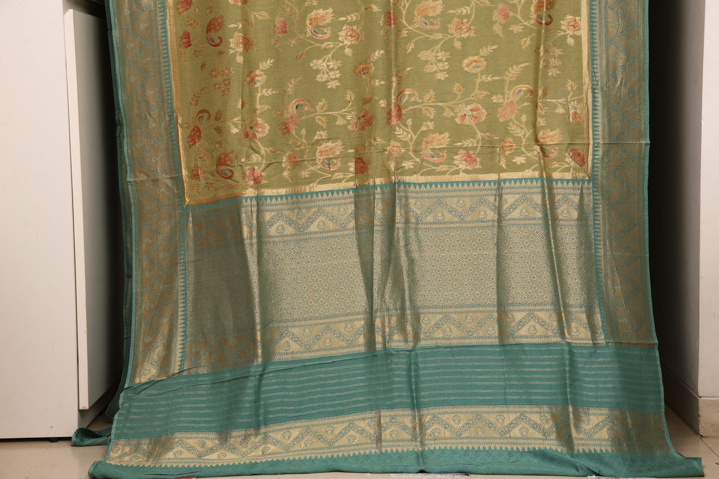 Olive Green and Teal  Peacock Brocade Paithani
