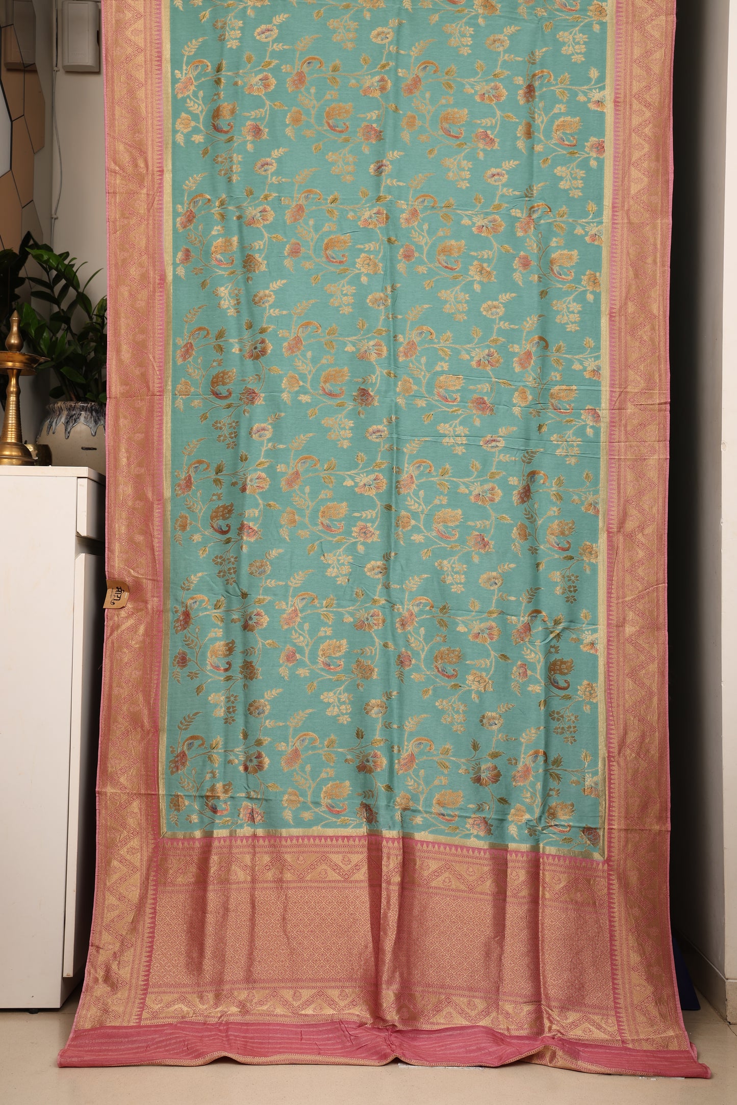 Aqua and Rose Pink Peacock Brocade Paithani