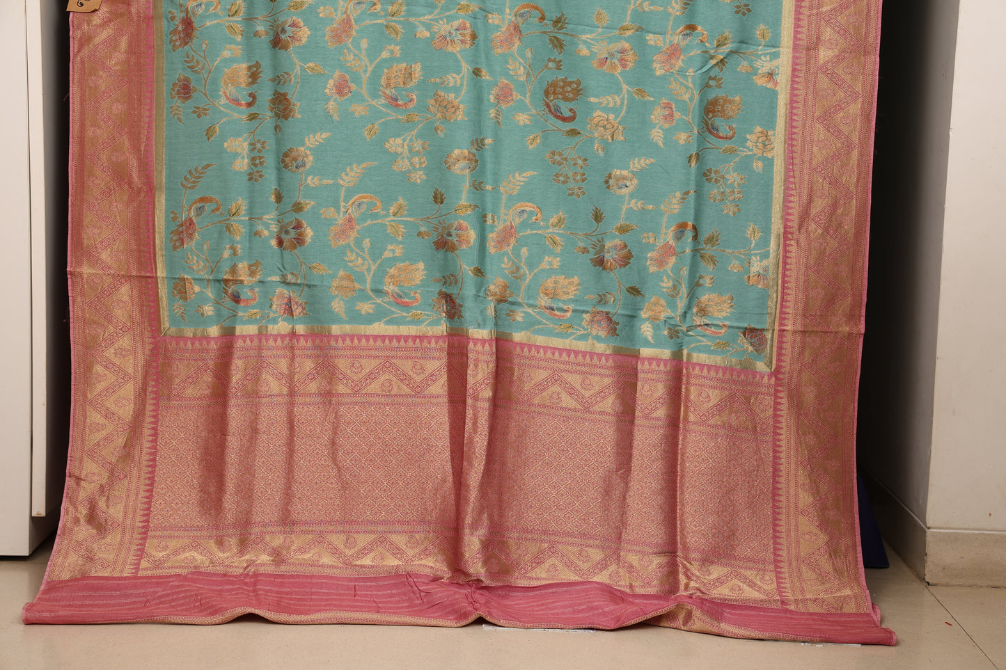 Aqua and Rose Pink Peacock Brocade Paithani