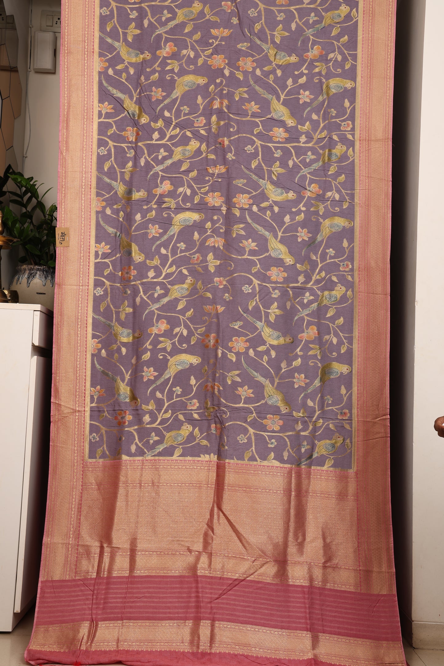 Lavender and Rose Pink Parrot Brocade Paithani