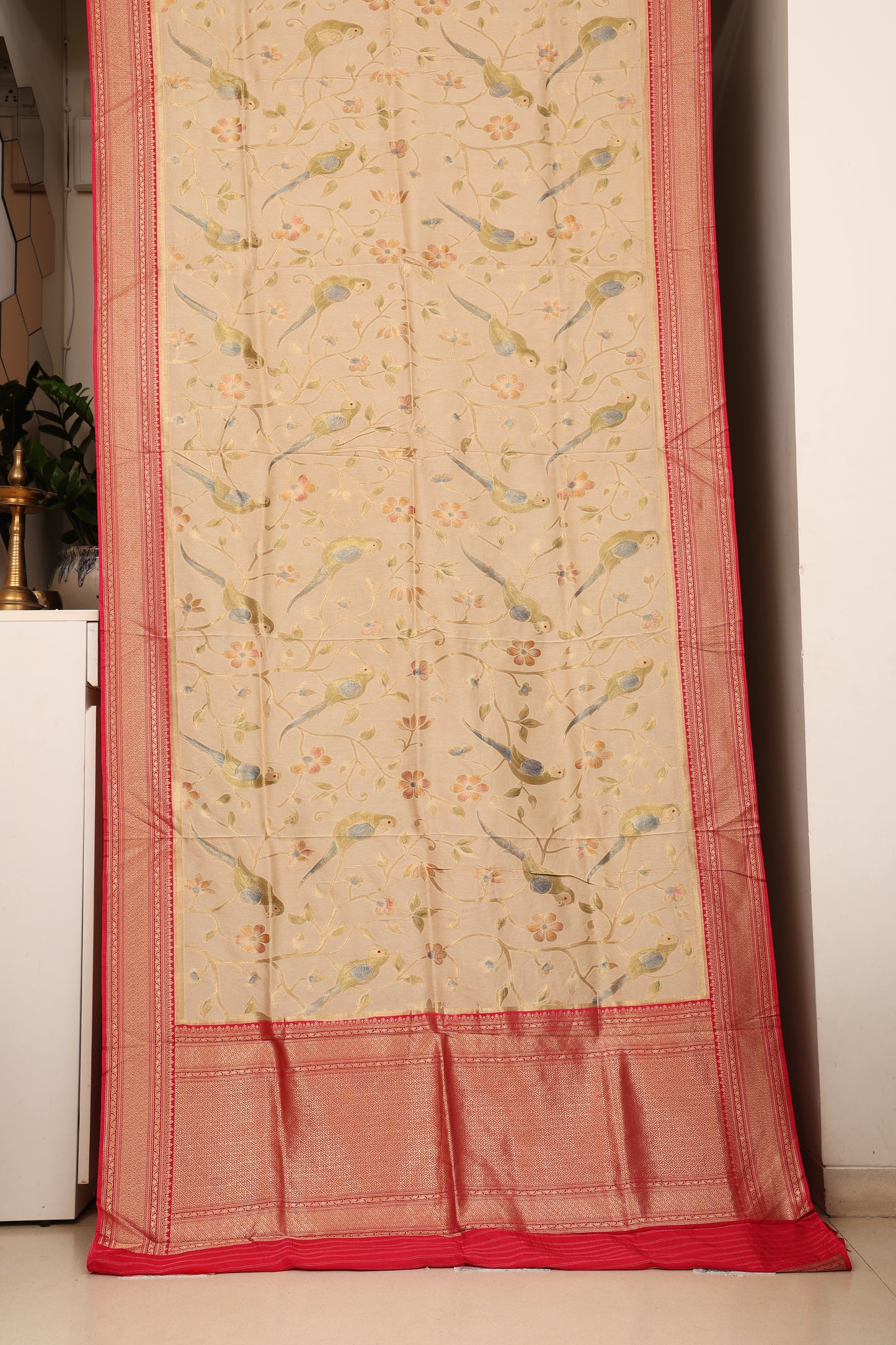 Champagne Gold and Rani Parrot Brocade Paithani