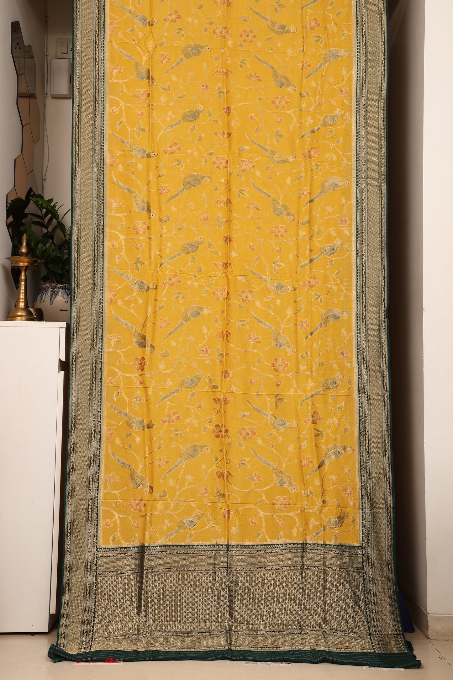 Mustard and Bottle Green Parrot Brocade Paithani