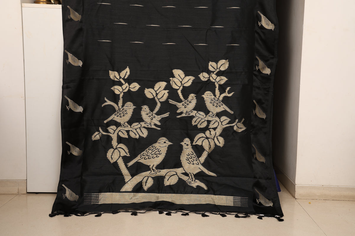 Jet Black Chidya Tussar Silk Saree