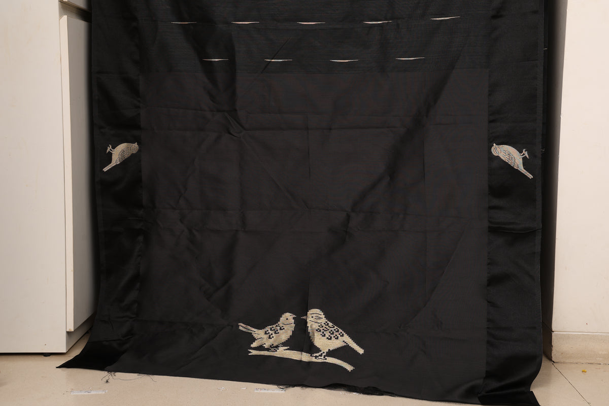 Jet Black Chidya Tussar Silk Saree