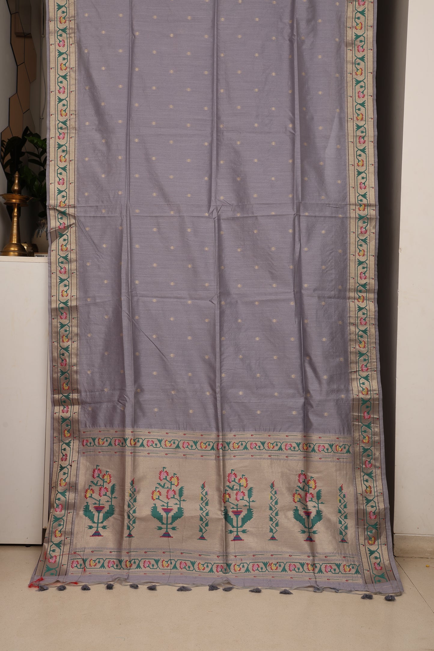 Lavender Grey Tussar Silk Blend Paithani
