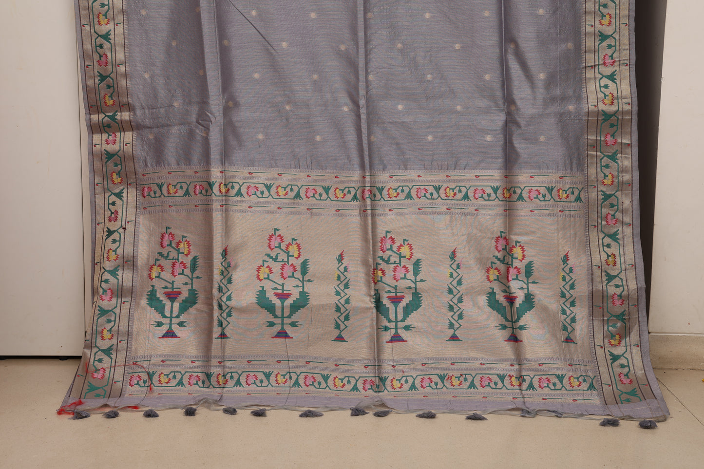 Lavender Grey Tussar Silk Blend Paithani