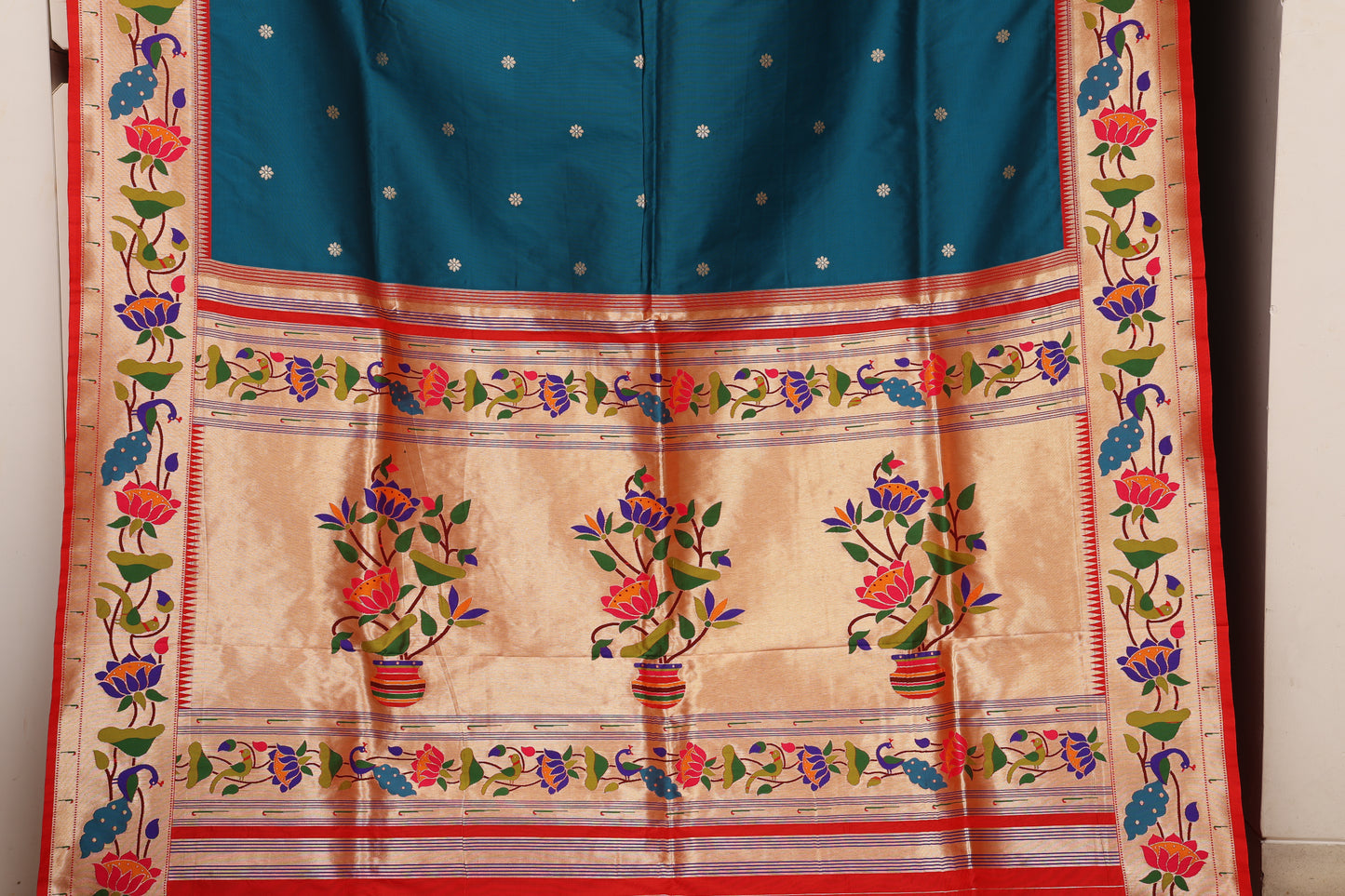 Peacock Teal Lotus Border Paithani