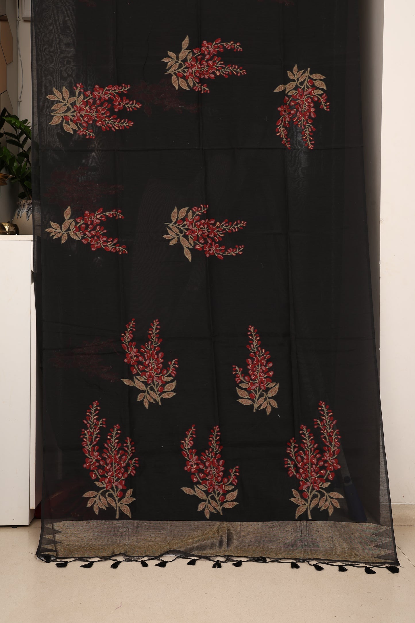 Black Maroon Muga Cotton Silk