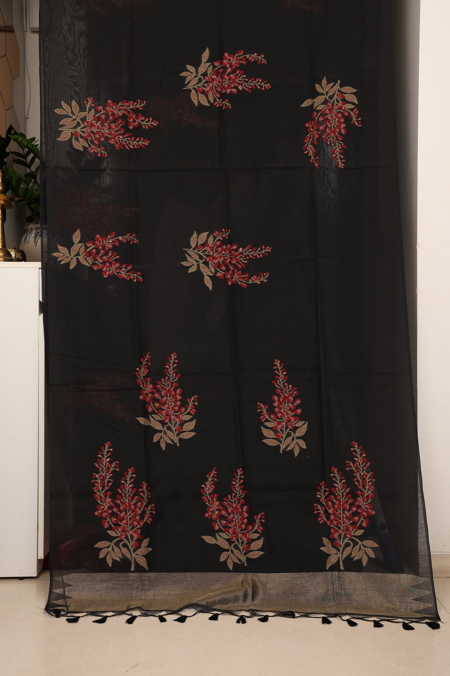 Black Maroon Muga Cotton Silk