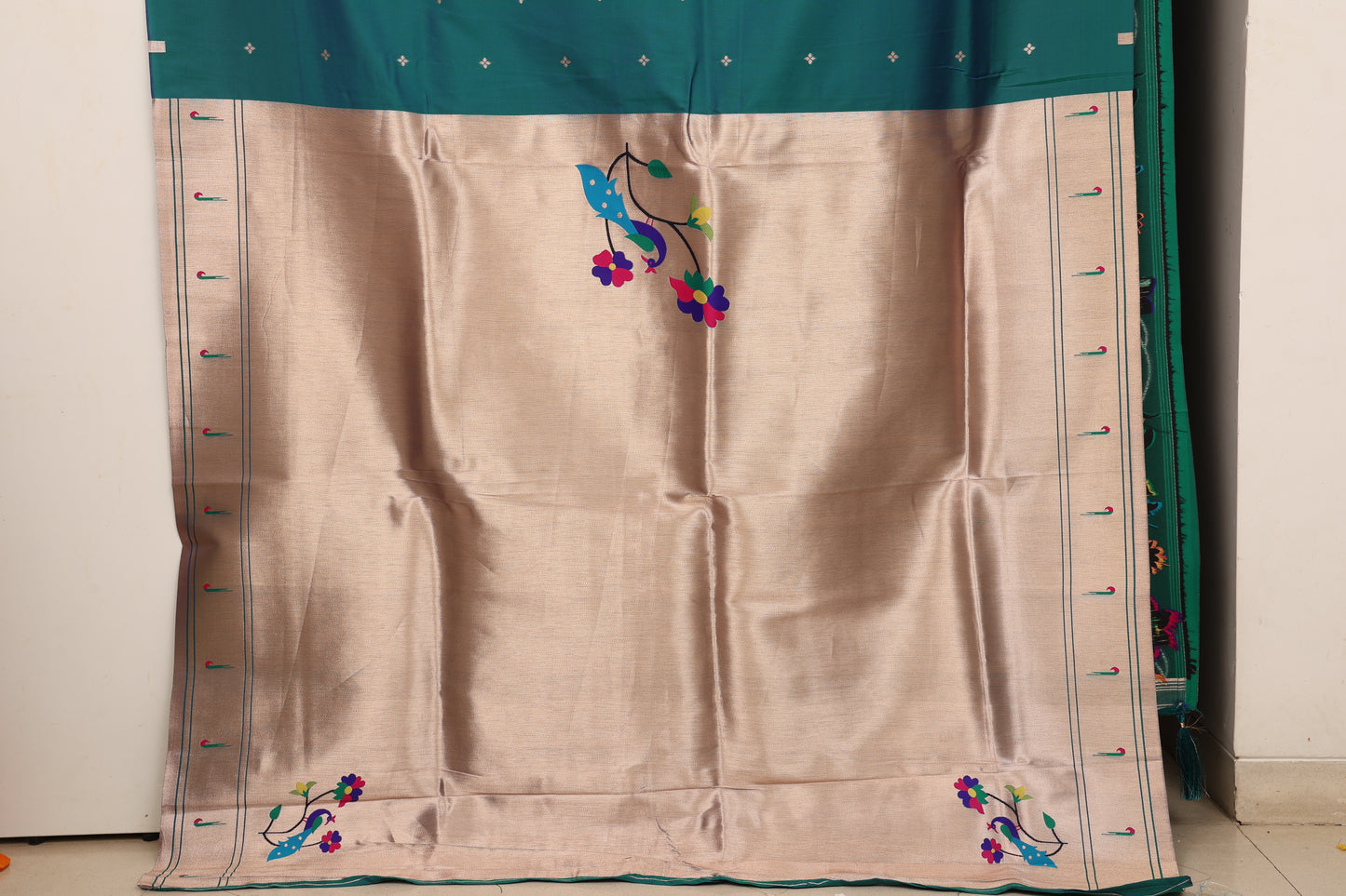 Teal Peacock Border Paithani