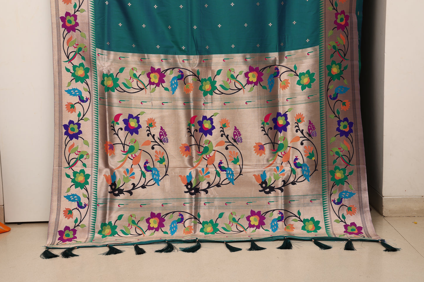 Teal Peacock Border Paithani
