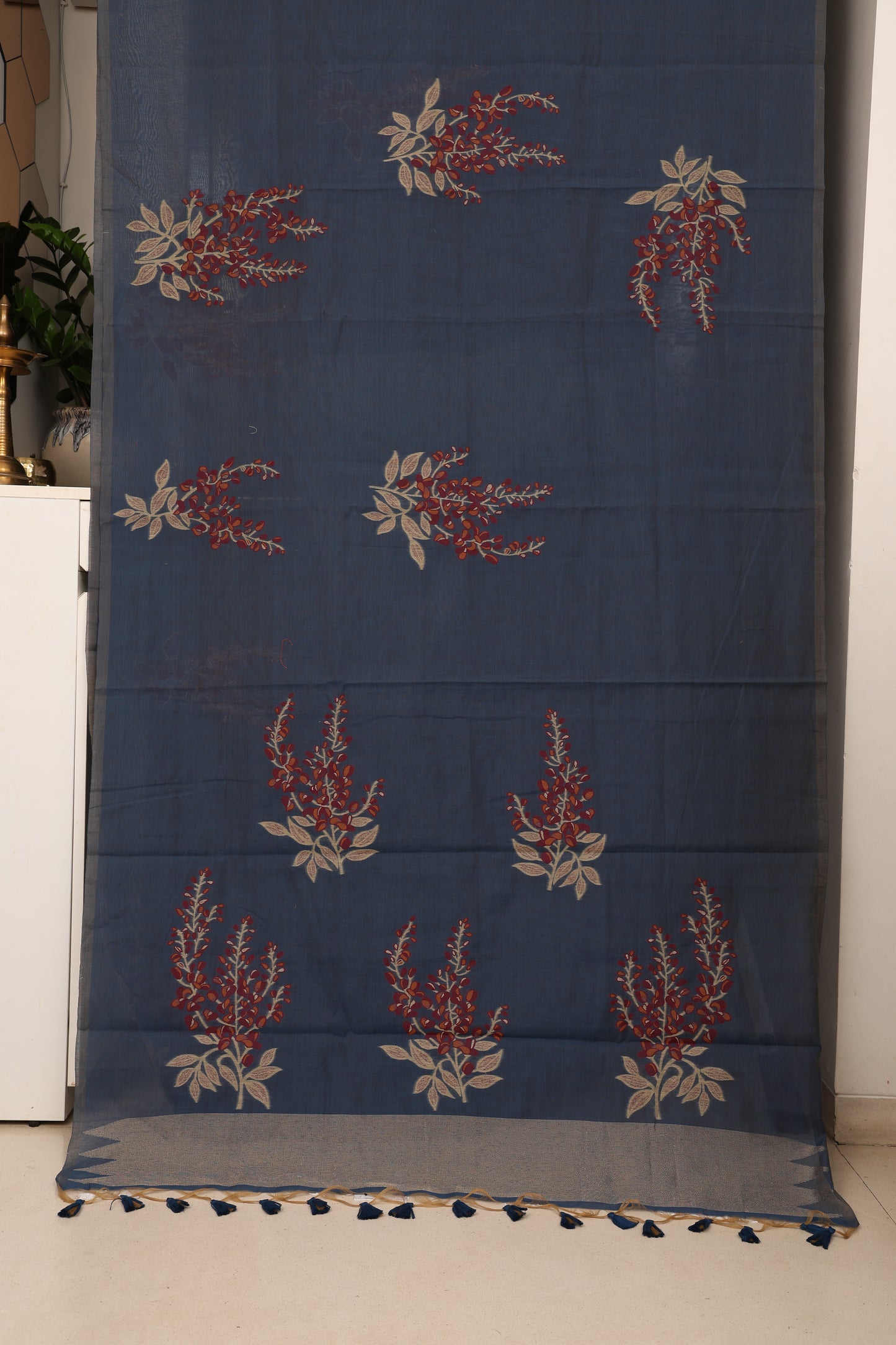 Navy Blue Maroon Muga Cotton Silk