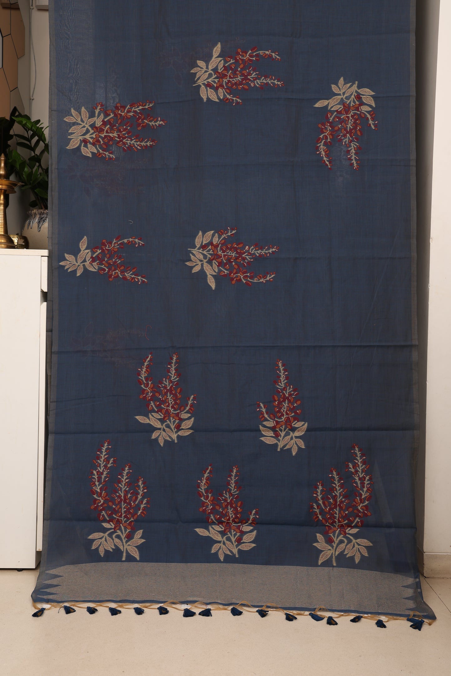 Navy Blue Maroon Muga Cotton Silk