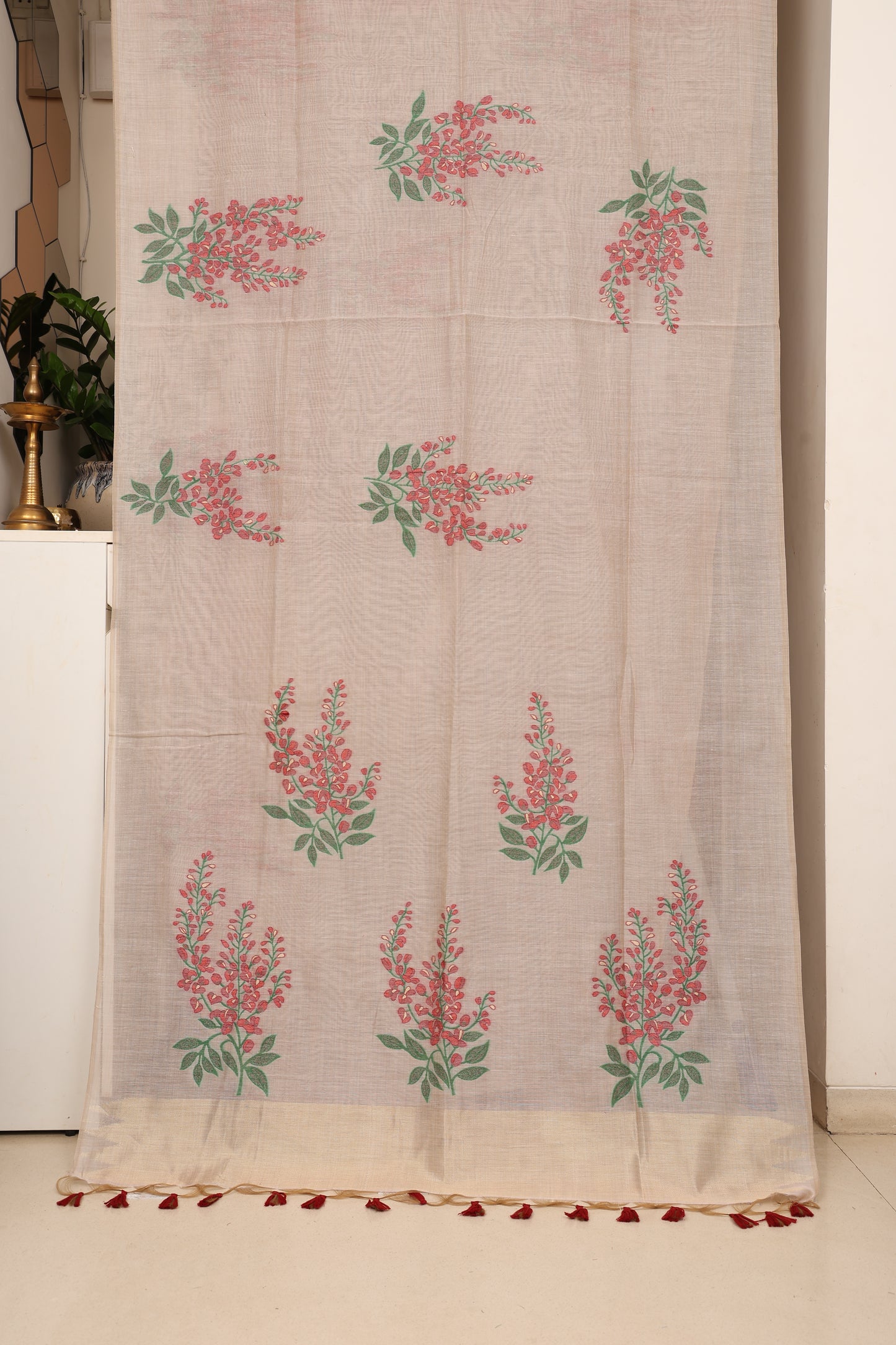 Ivory Maroon Muga Cotton Silk