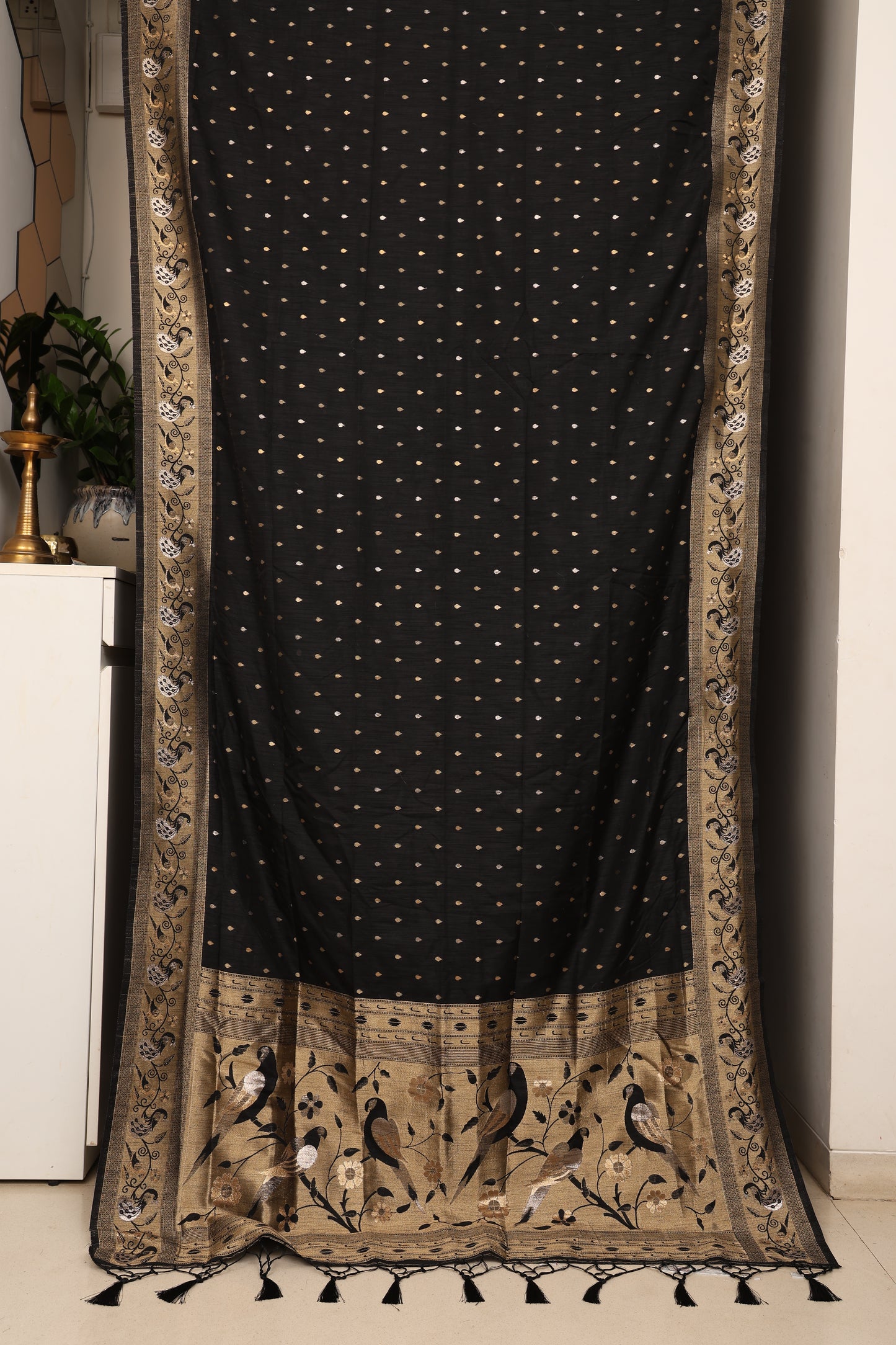 Jet Black Munga Silk Saree