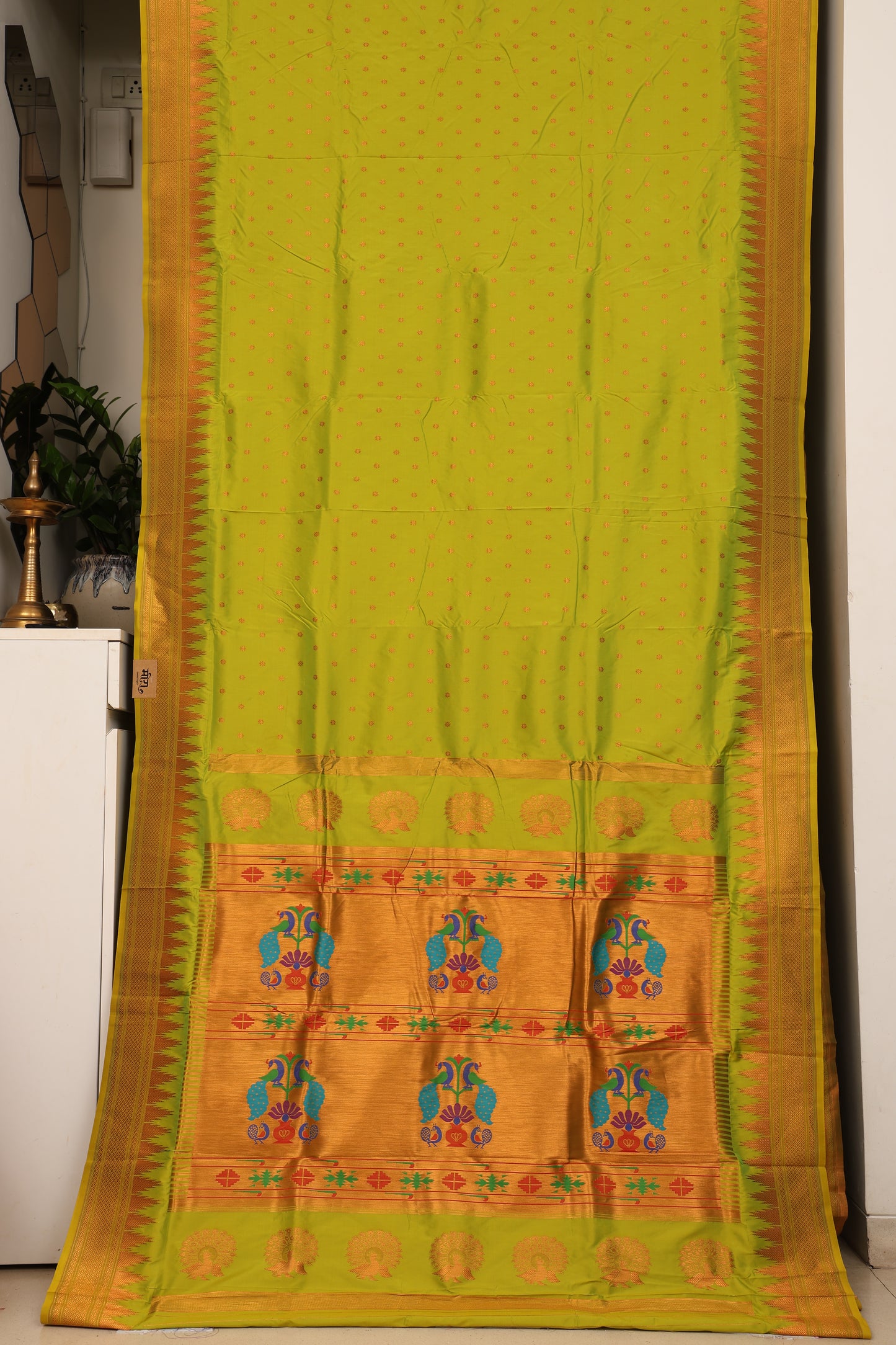 Parrot Green Temple Border Paithani