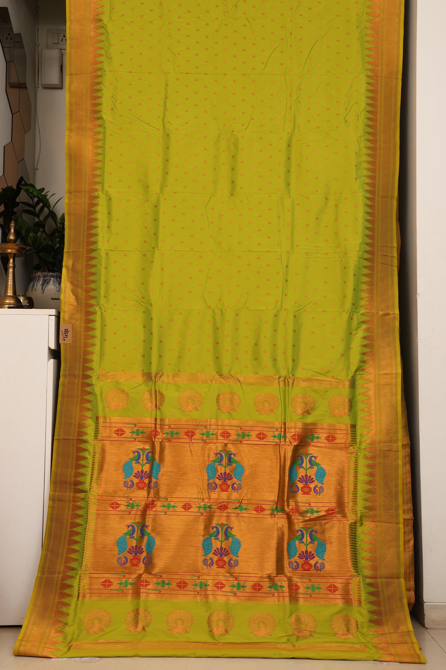 Parrot Green Temple Border Paithani