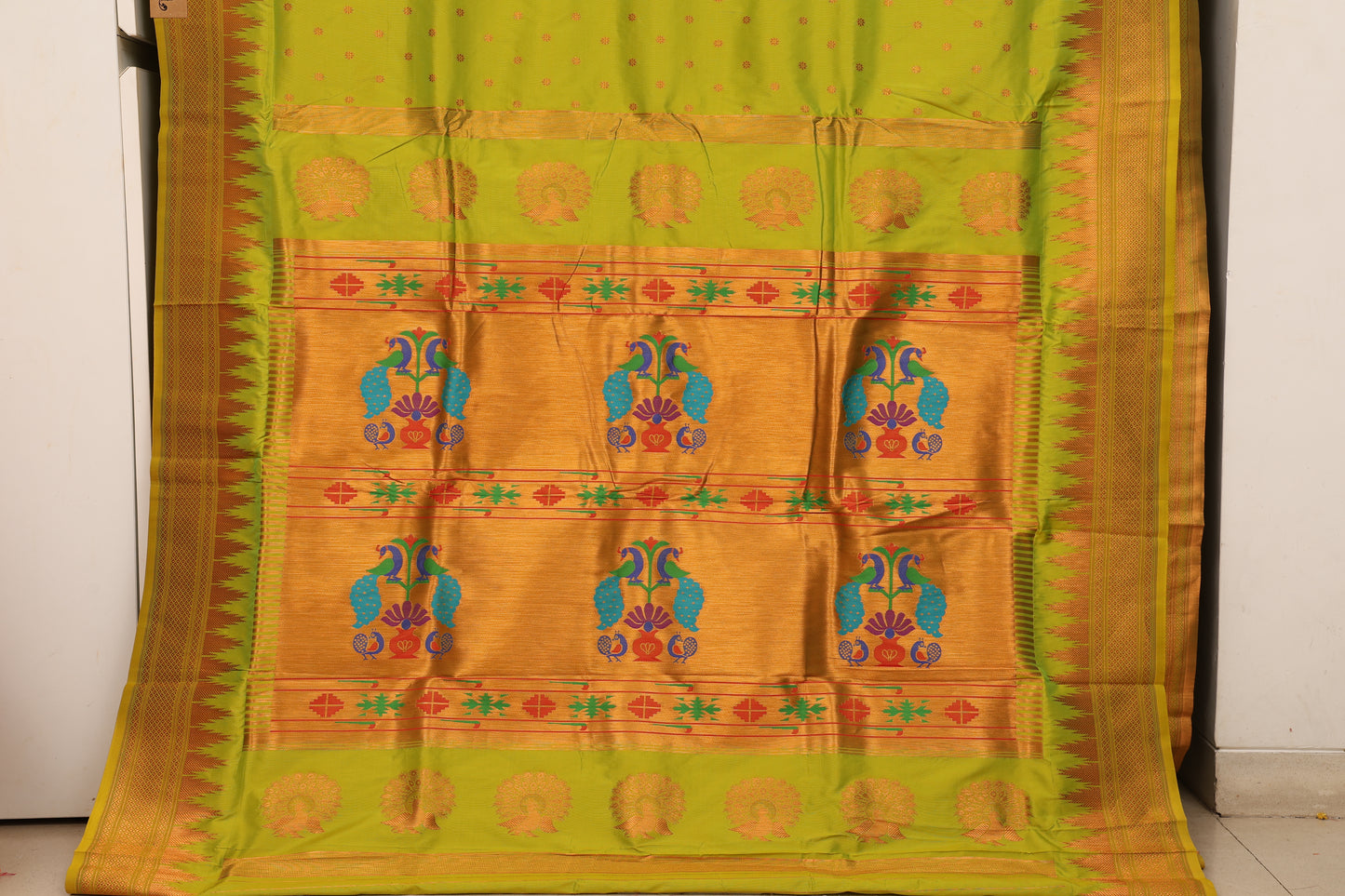 Parrot Green Temple Border Paithani