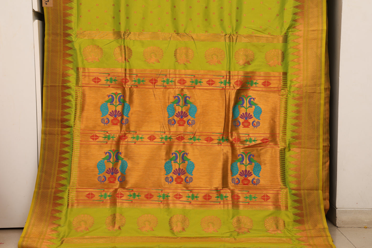 Parrot Green Temple Border Paithani