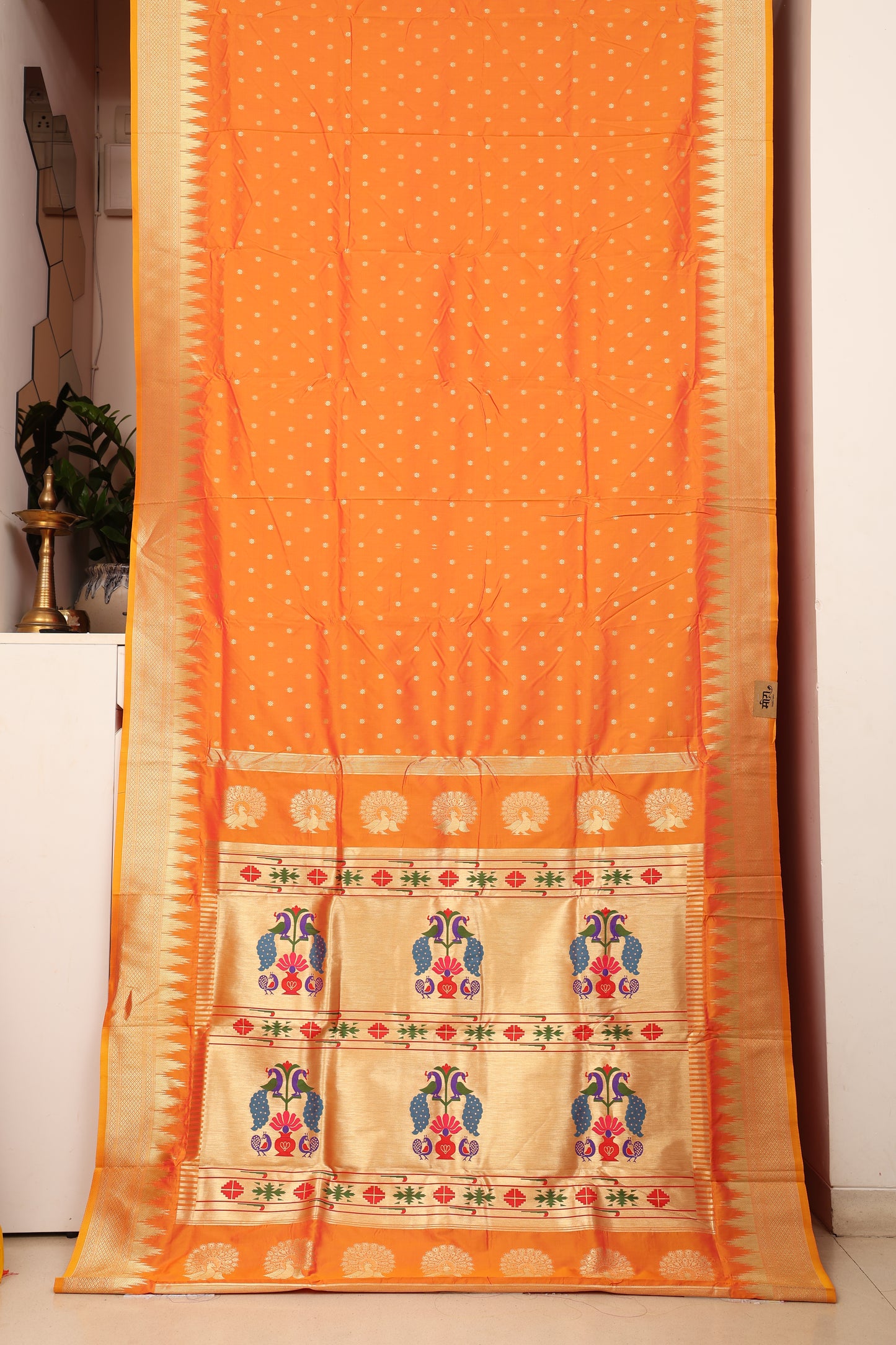 Sunset Saffron Temple Border Paithani