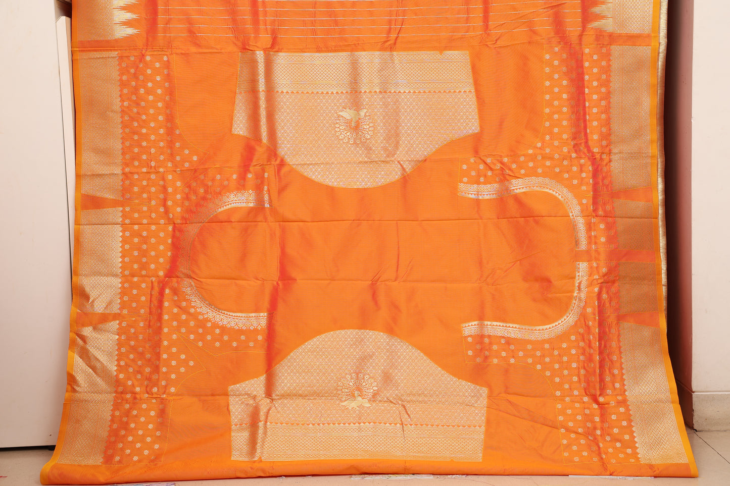 Sunset Saffron Temple Border Paithani