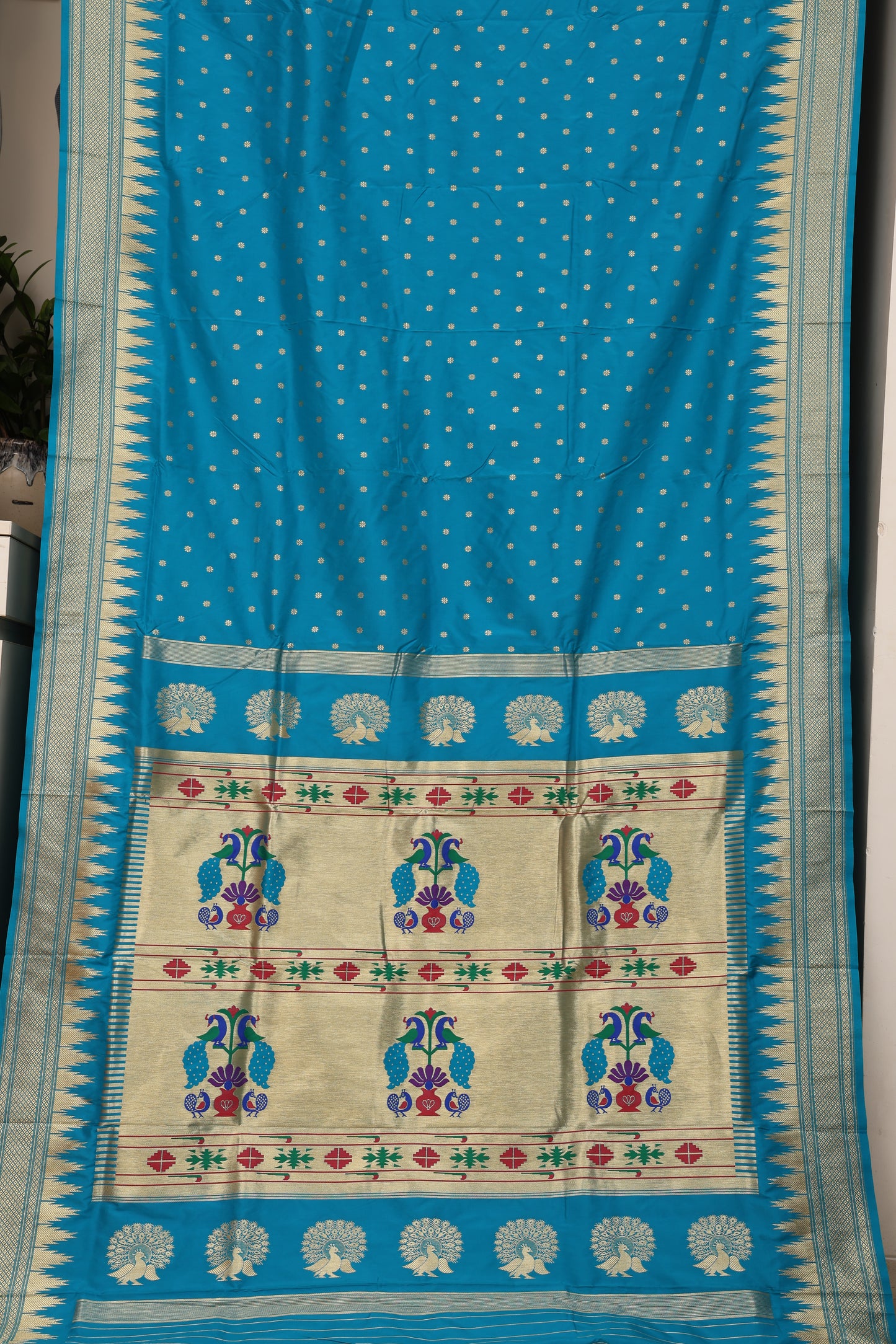 Teal Blue Temple Border Paithani