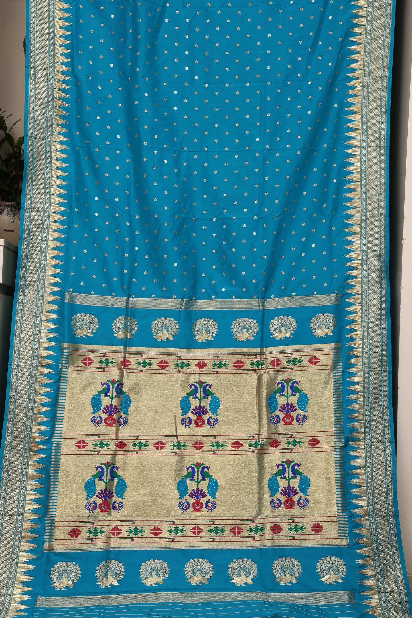 Teal Blue Temple Border Paithani