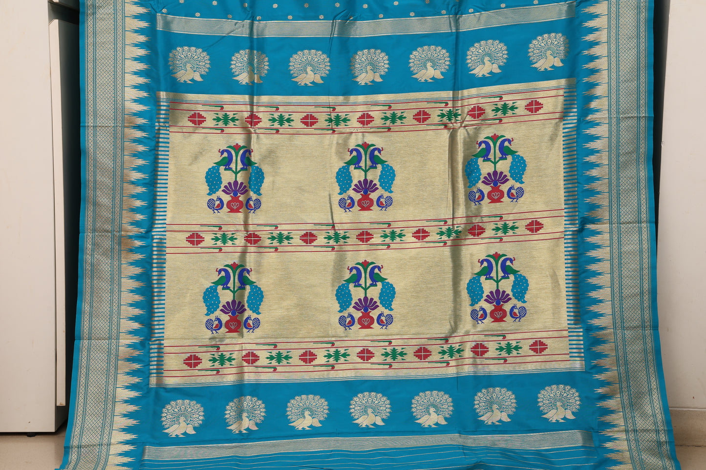 Teal Blue Temple Border Paithani