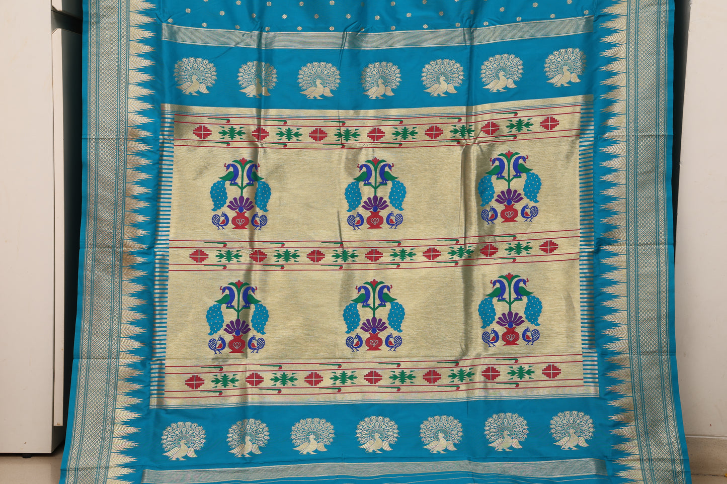 Teal Blue Temple Border Paithani