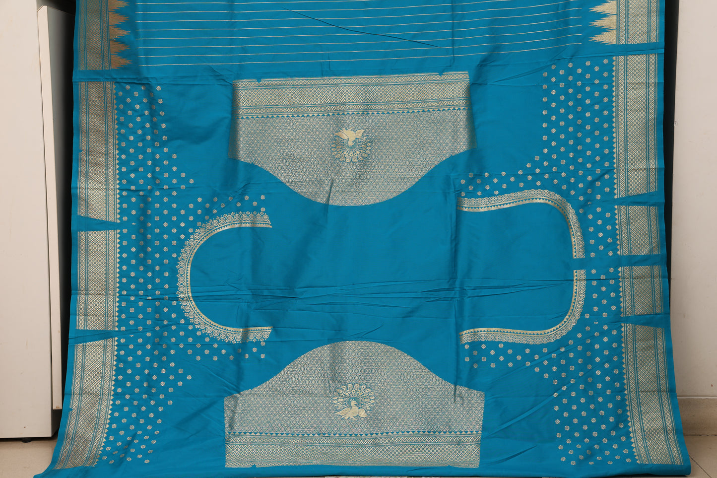 Teal Blue Temple Border Paithani