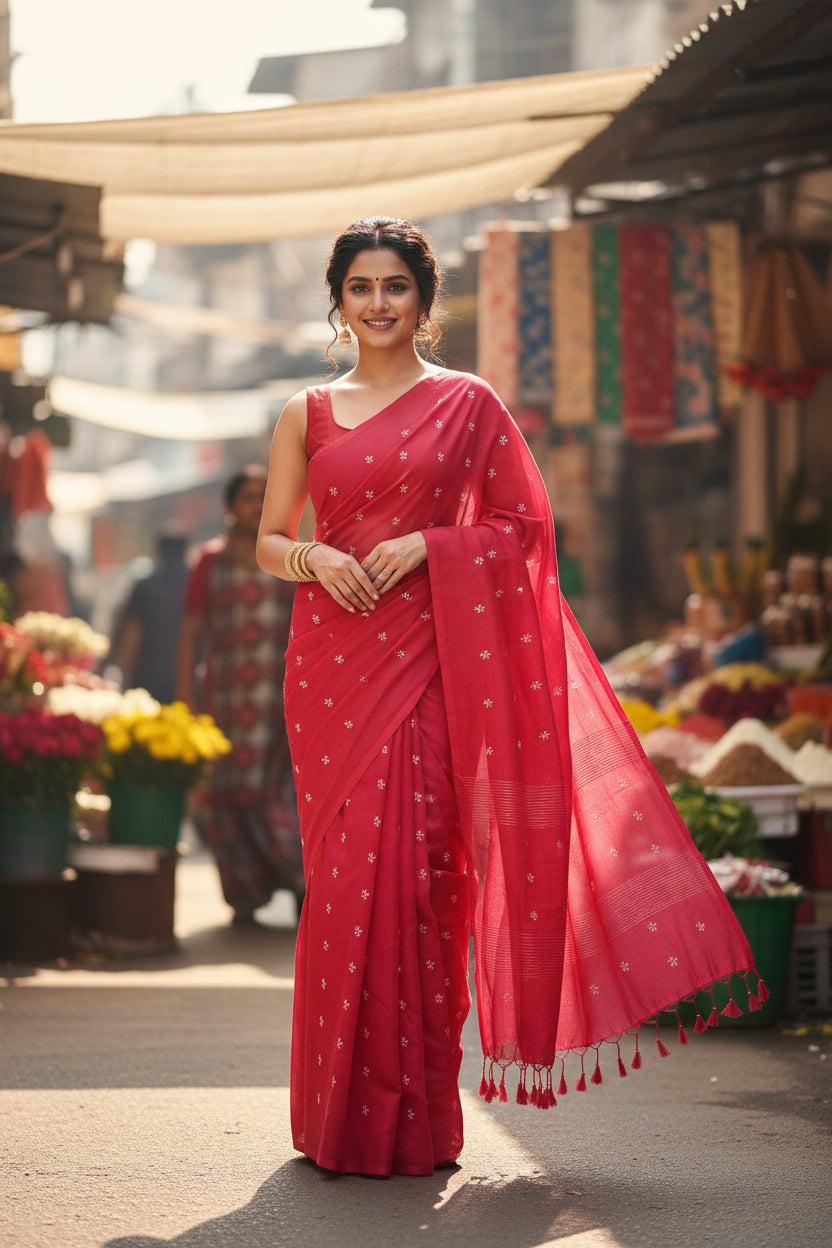 Crimson Red Phul Butti Cotton Saree