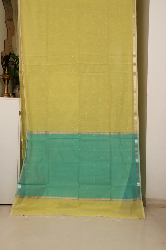 Lemon Yellow & Aqua Blue Contrast Maheshwari Saree