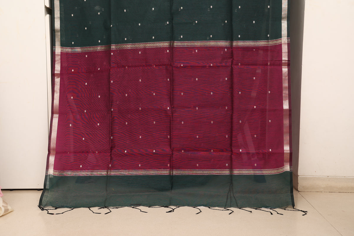 Bottle Green Magenta  Contrast Maheshwari Saree