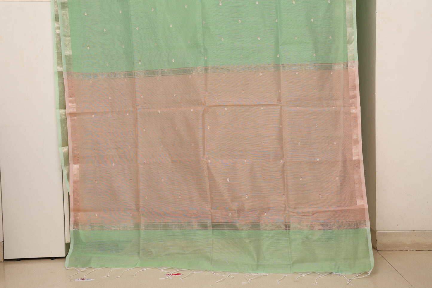 Mint Green Peach Contrast Maheshwari Saree