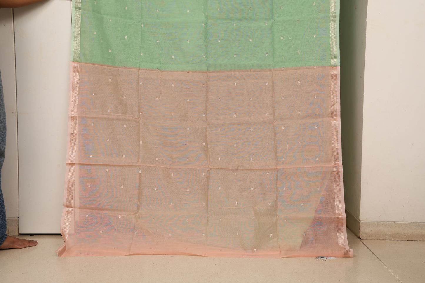 Mint Green Peach Contrast Maheshwari Saree
