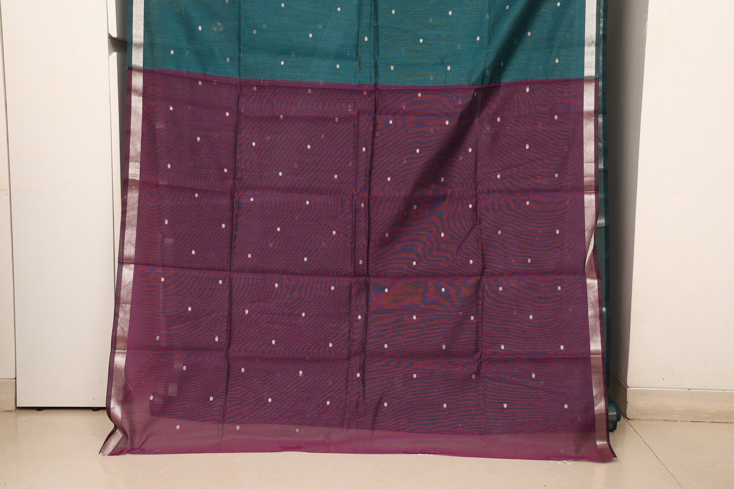 Peacock Blue Wine Contrast Maheshwari Saree