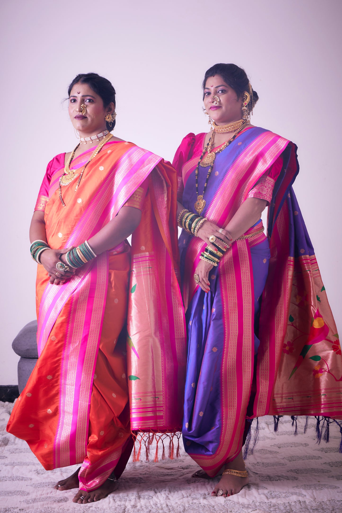Rani & Kesari Orange Nauvari Kanjivaram Silk blend Paithani Saree with unstitched blouse.