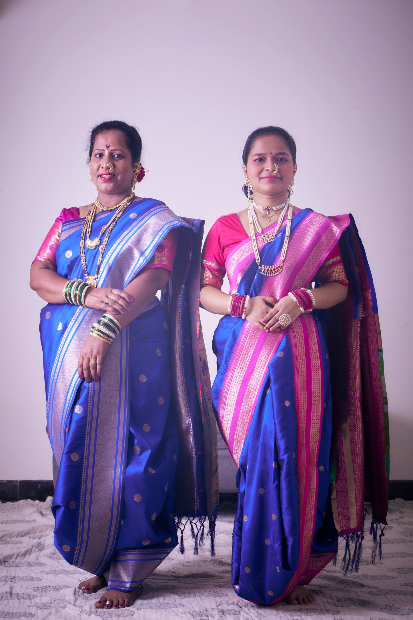 Royal Indigo Blue Nauvari Kanjivaram Silk blend Paithani Saree with unstitched blouse