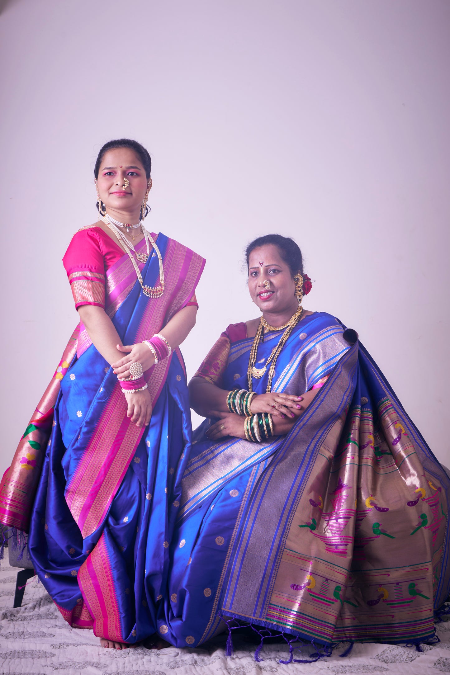 Royal Indigo Blue Nauvari Kanjivaram Silk blend Paithani Saree with unstitched blouse