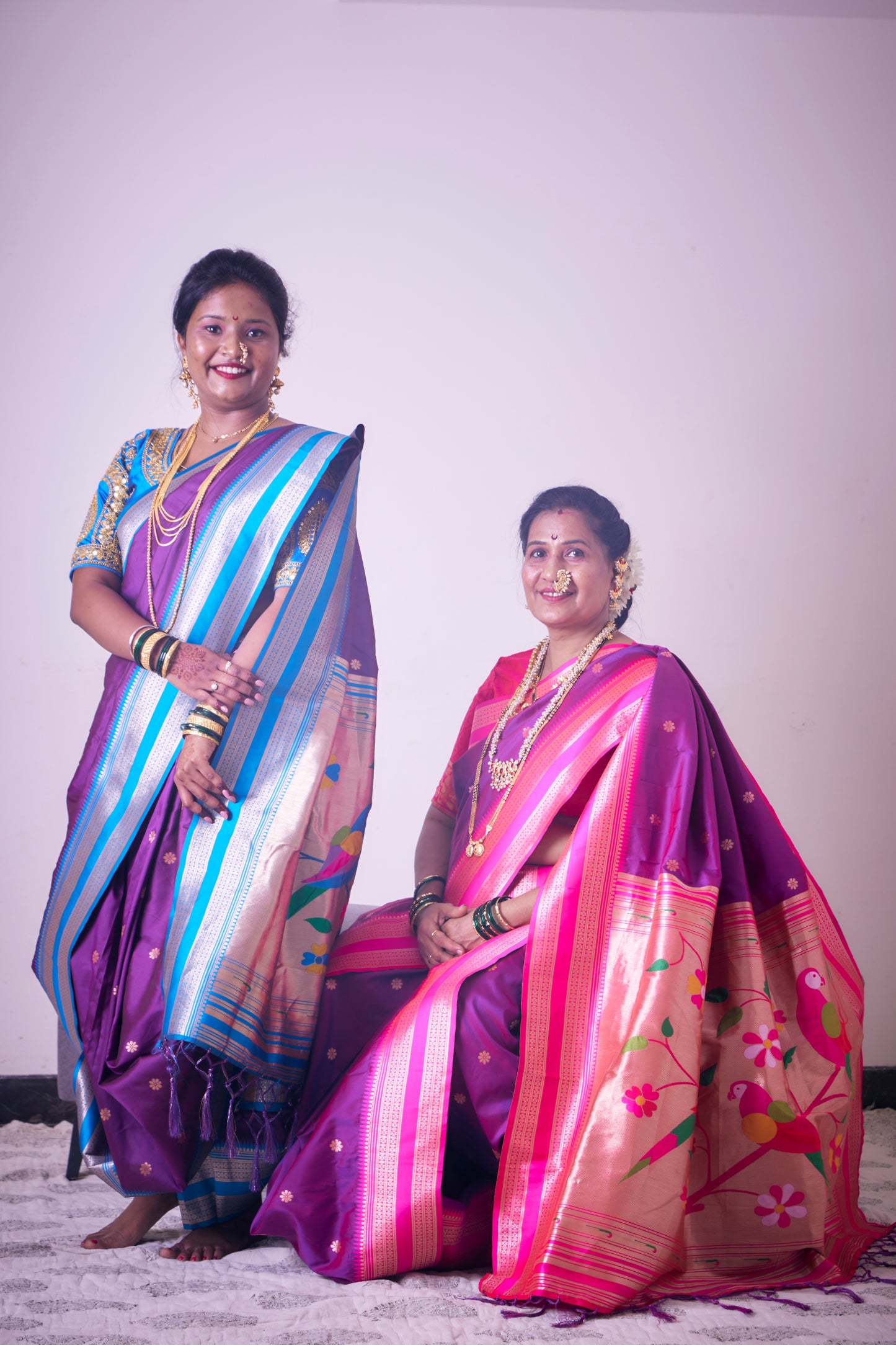 Magenta & Purple Nauvari Kanjivaram Silk blend Paithani Saree with unstitched blouse.