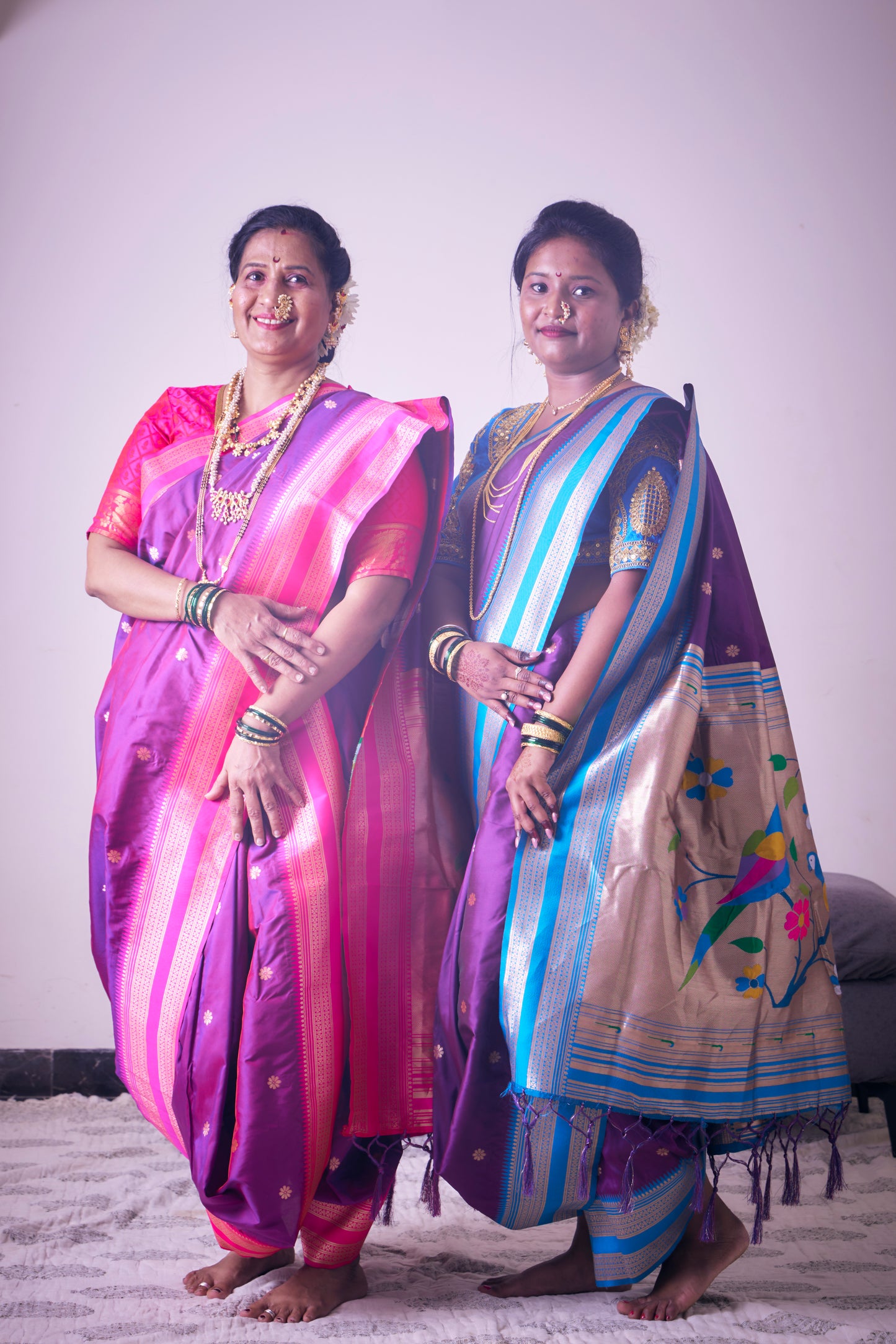 Magenta & Purple Nauvari Kanjivaram Silk blend Paithani Saree with unstitched blouse.