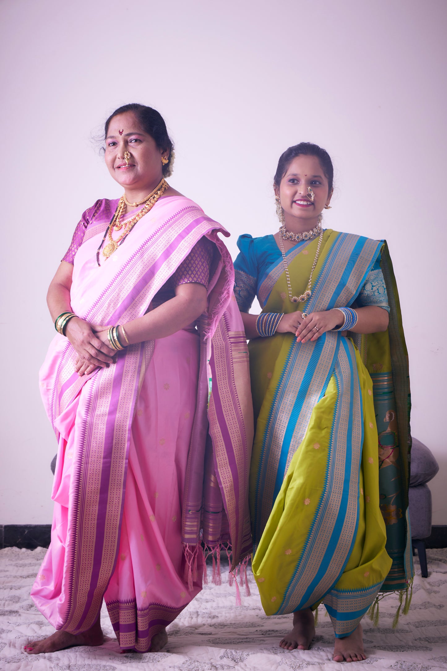 Turquoise Blue & Lime Green Nauvari Kanjivaram Silk blend Paithani Saree with unstitched blouse.
