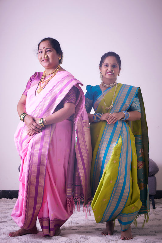 Soft Pink & Purple Parrot Paithani Nauvari
