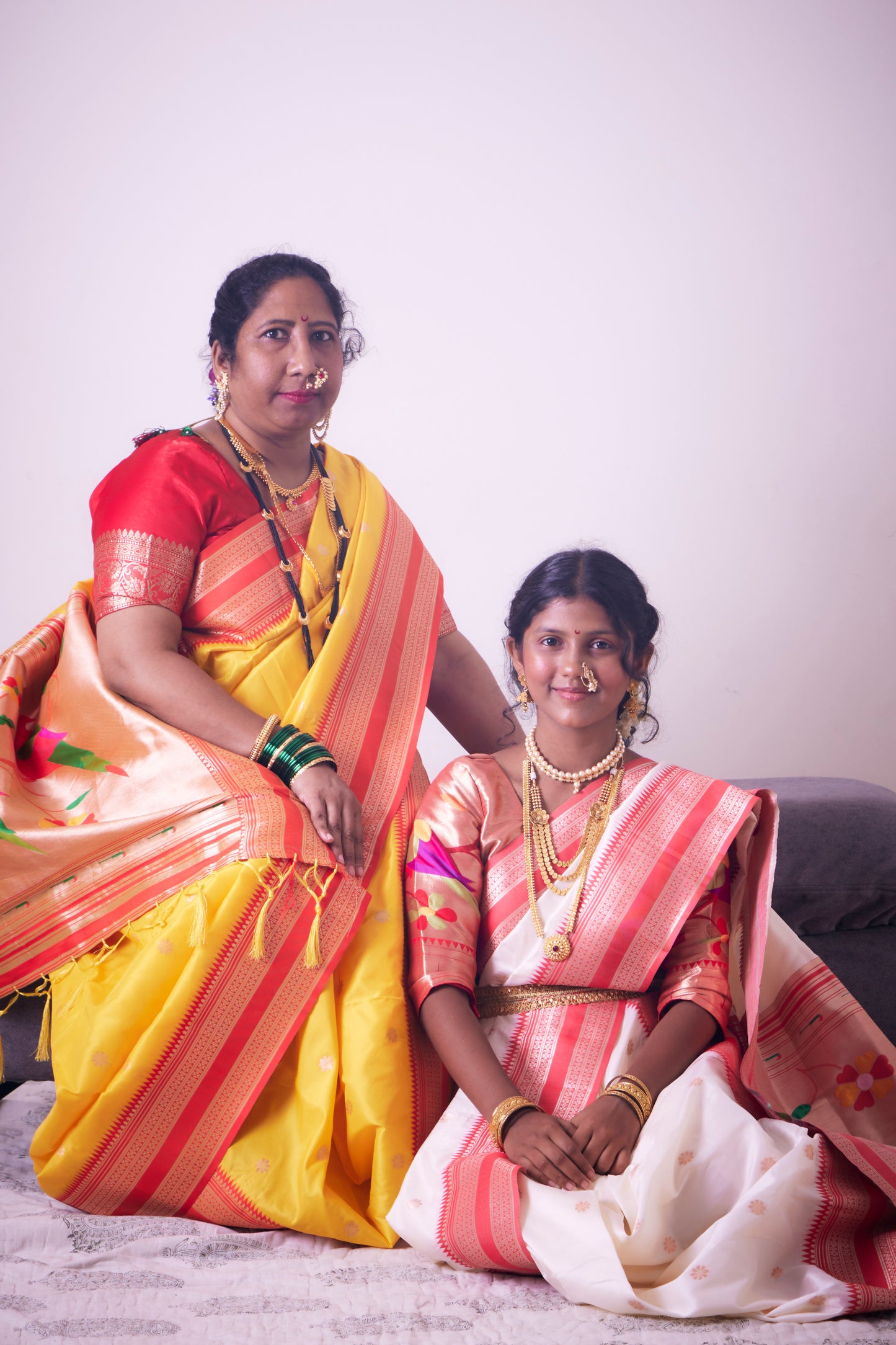 Coral Red & Sunshine Yellow Nauvari Kanjivaram Silk blend Paithani Saree with unstitched blouse.