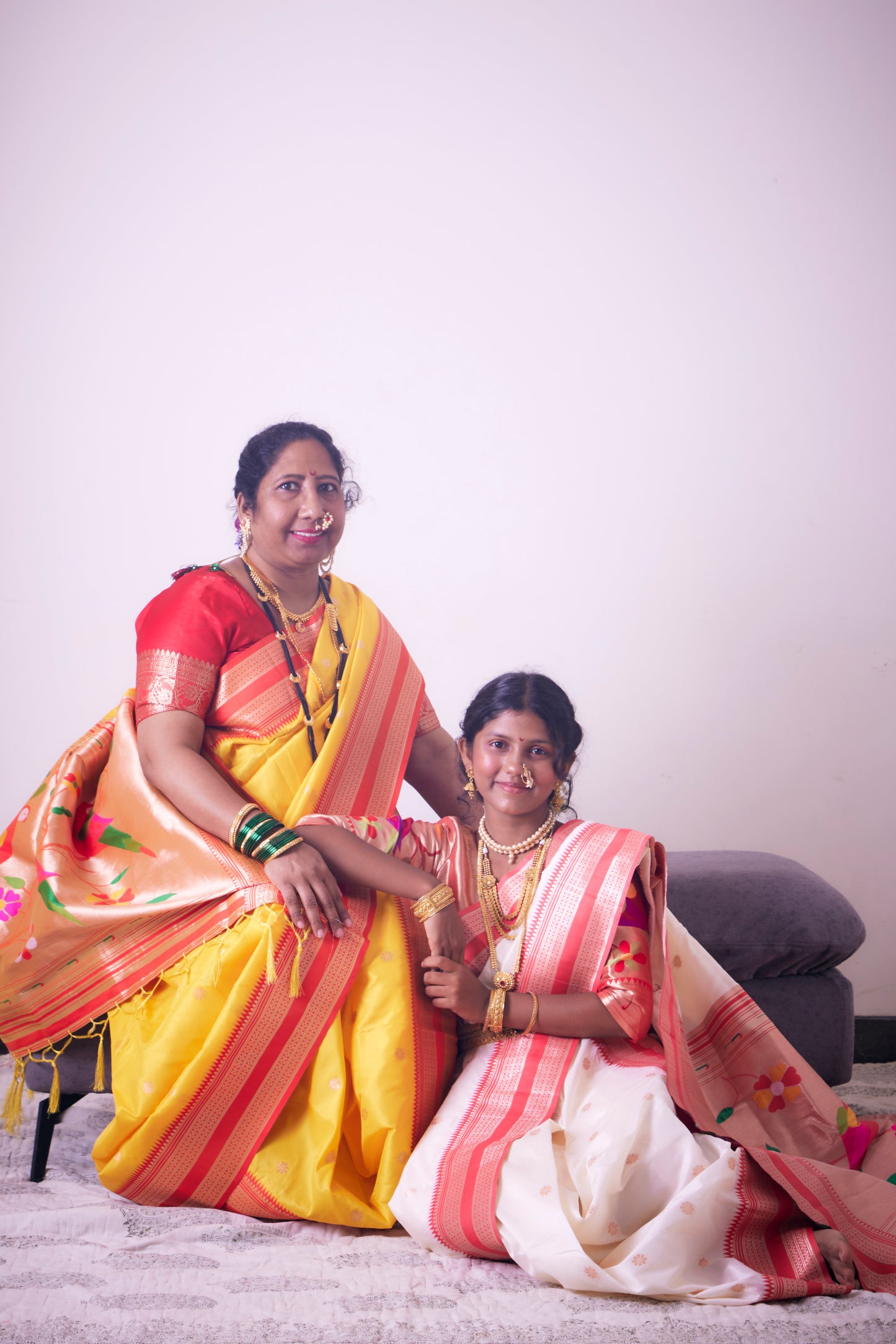Coral Red & Sunshine Yellow Nauvari Kanjivaram Silk blend Paithani Saree with unstitched blouse.