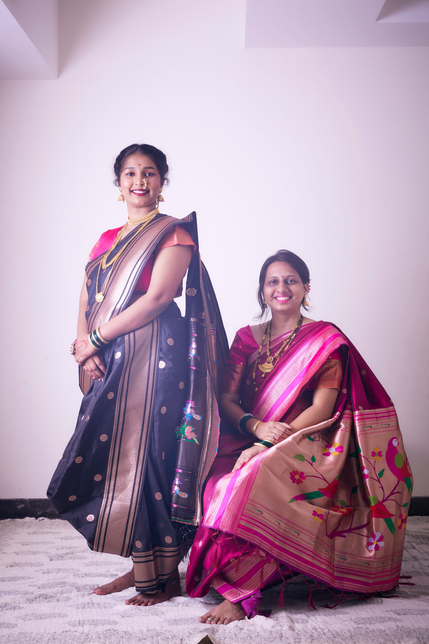 Magenta & Wine Nauvari Kanjivaram Silk blend Paithani Saree with unstitched blouse.