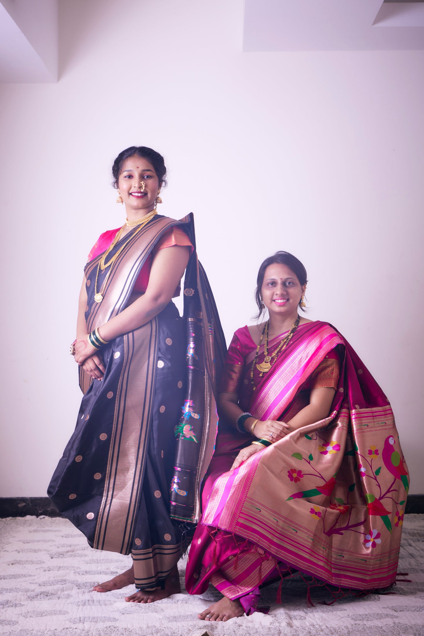 Magenta & Wine Nauvari Kanjivaram Silk blend Paithani Saree with unstitched blouse.