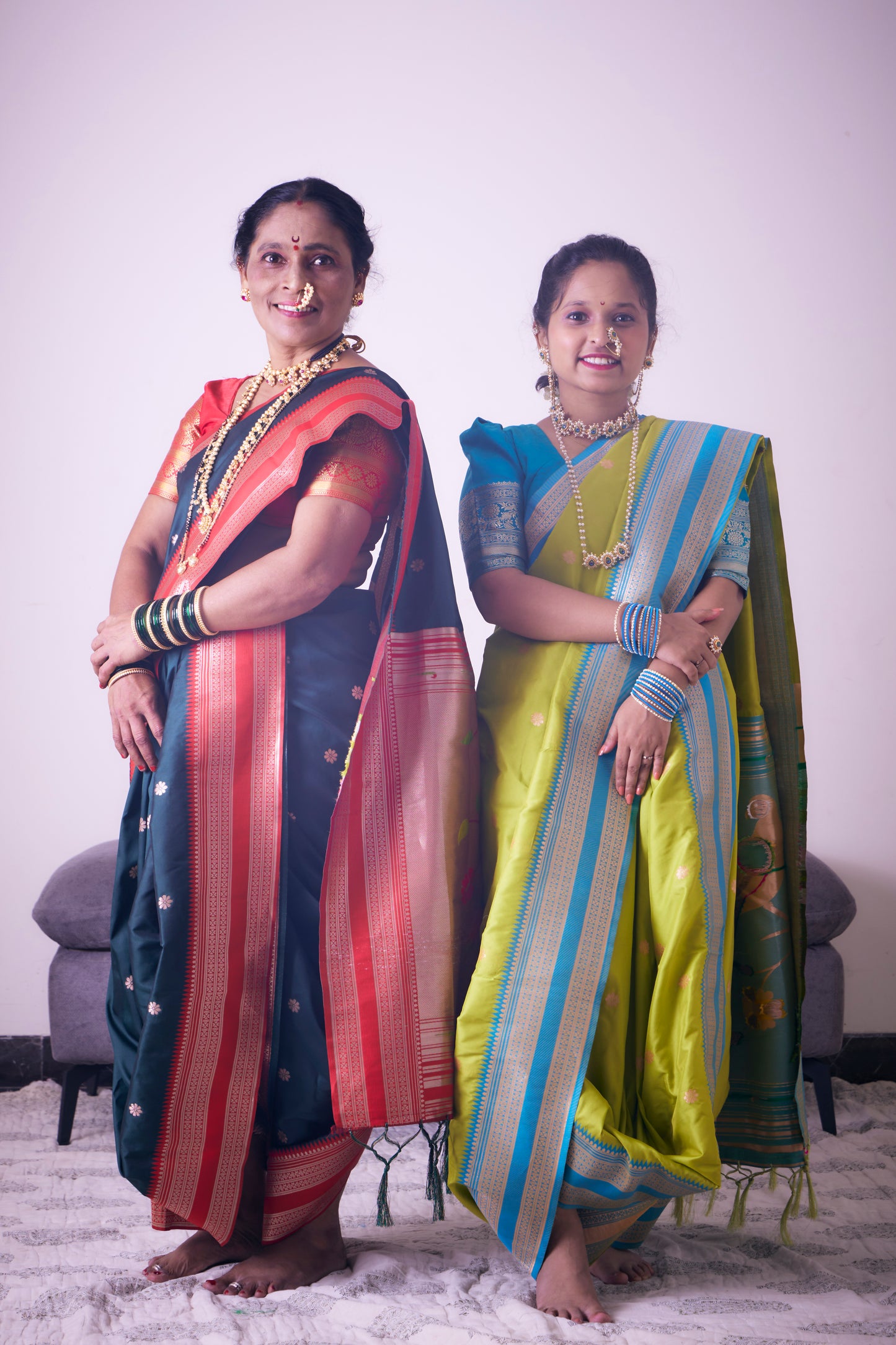 Turquoise Blue & Lime Green Nauvari Kanjivaram Silk blend Paithani Saree with unstitched blouse.